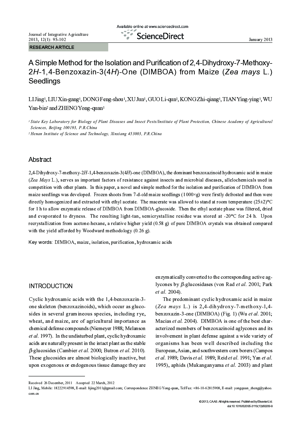 A Simple Method for the Isolation and Purification of 2,4-Dihydroxy-7-Methoxy-2H-1,4-Benzoxazin-3(4H)-One (DIMBOA) from Maize (Zea mays L.) Seedlings