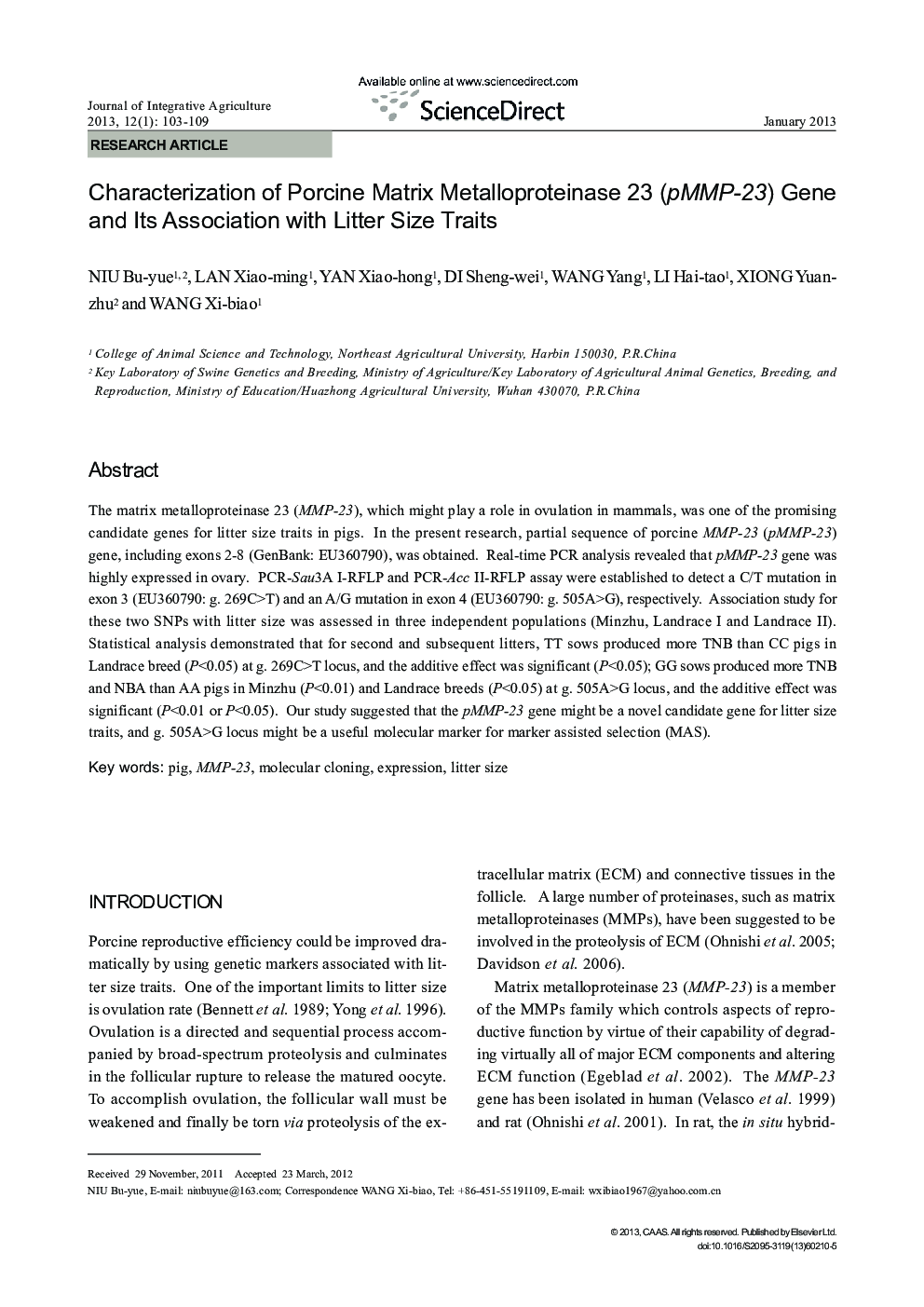Characterization of Porcine Matrix Metalloproteinase 23 (pMMP-23) Gene and Its Association with Litter Size Traits