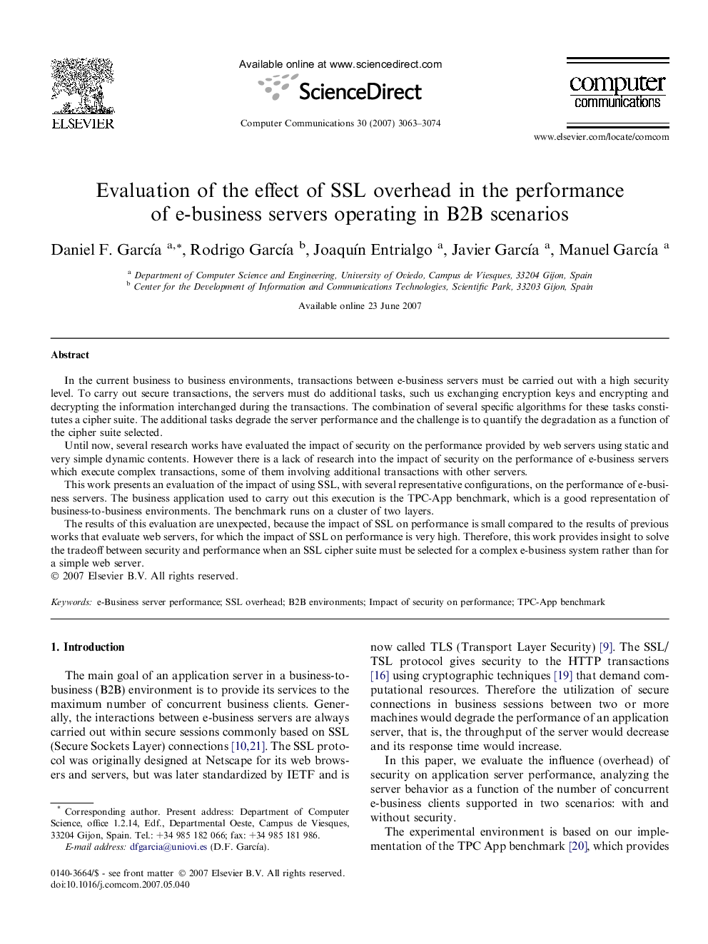 Evaluation of the effect of SSL overhead in the performance of e-business servers operating in B2B scenarios