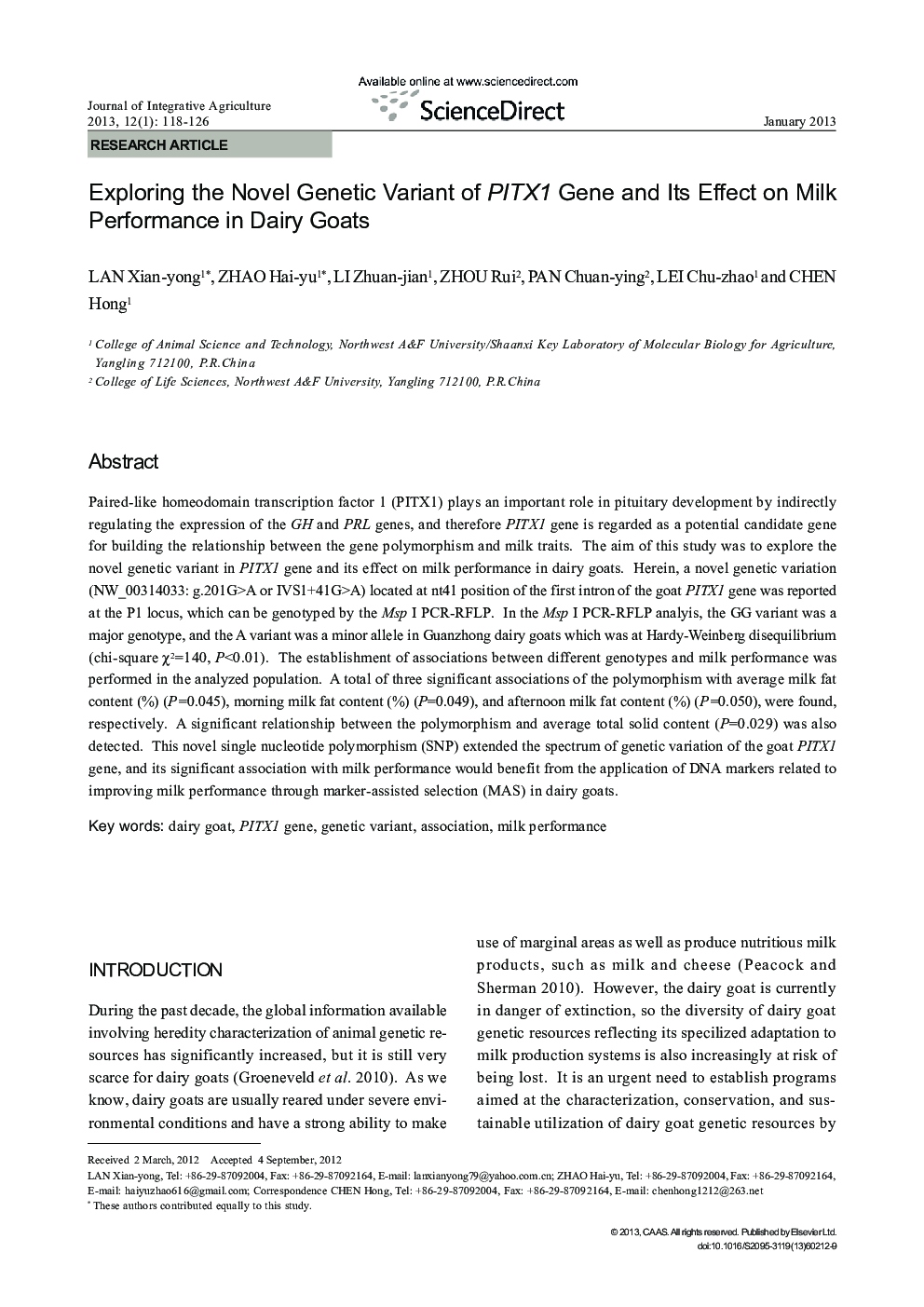 Exploring the Novel Genetic Variant of PITX1 Gene and Its Effect on Milk Performance in Dairy Goats