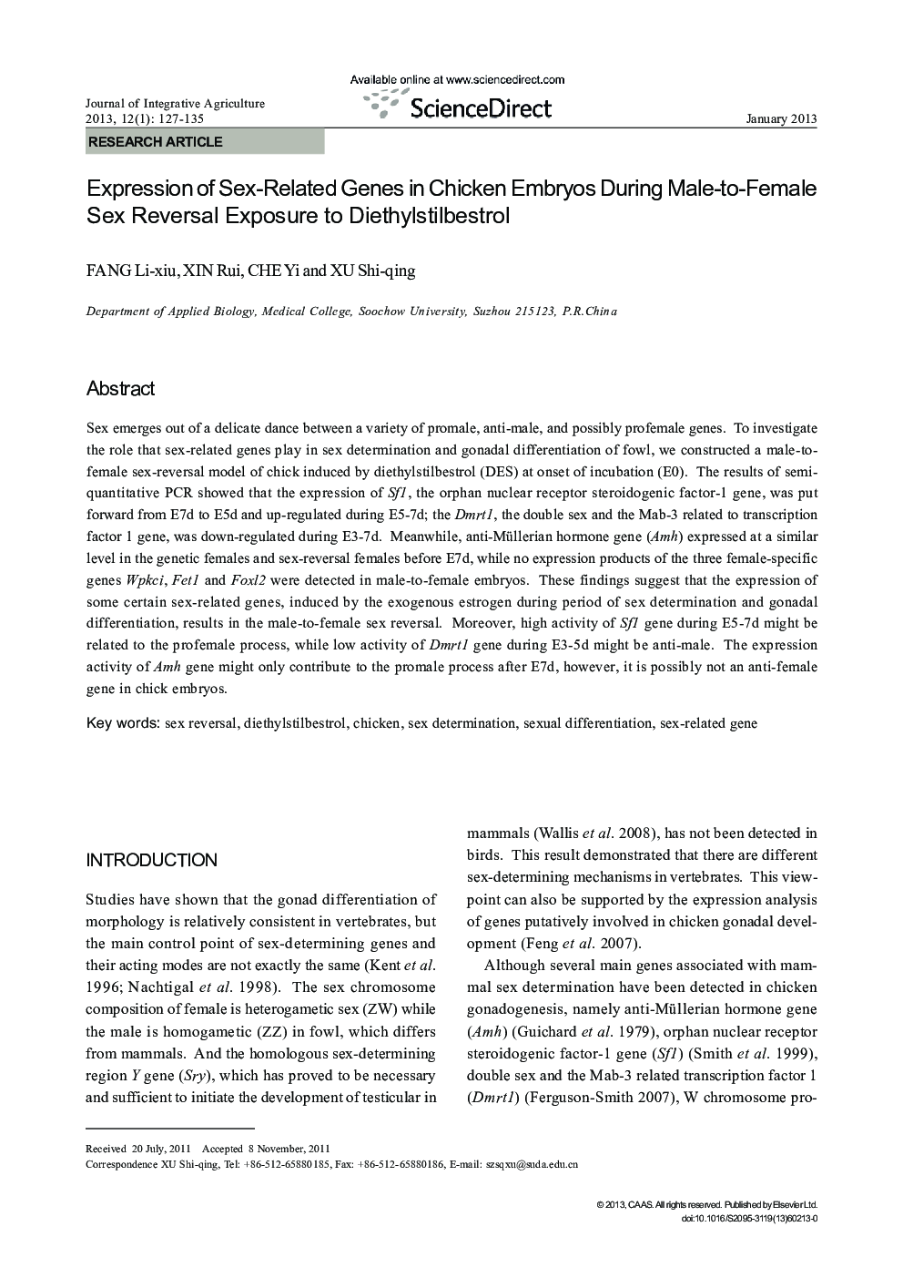 Expression of Sex-Related Genes in Chicken Embryos During Male-to-Female Sex Reversal Exposure to Diethylstilbestrol