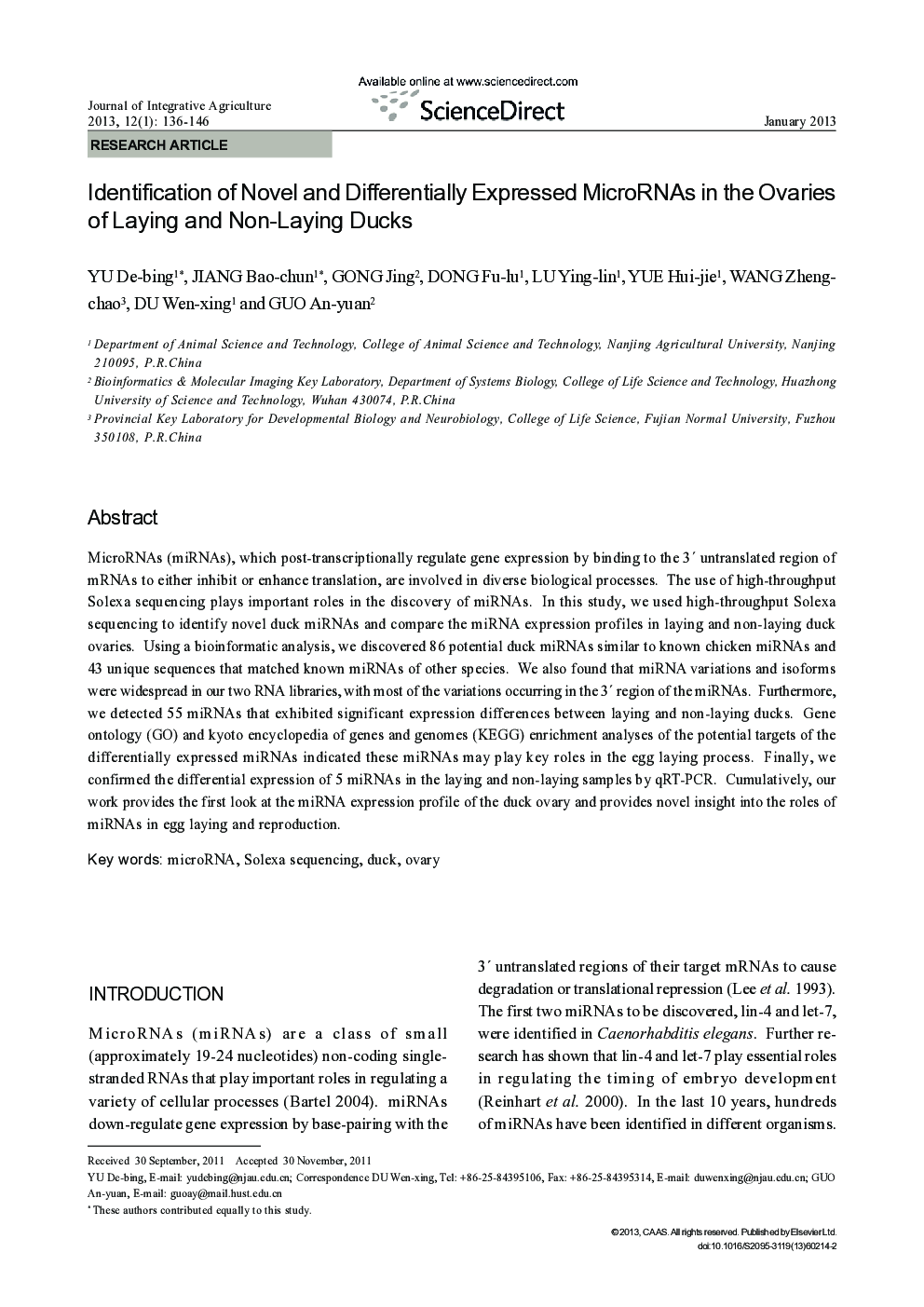Identification of Novel and Differentially Expressed MicroRNAs in the Ovaries of Laying and Non-Laying Ducks