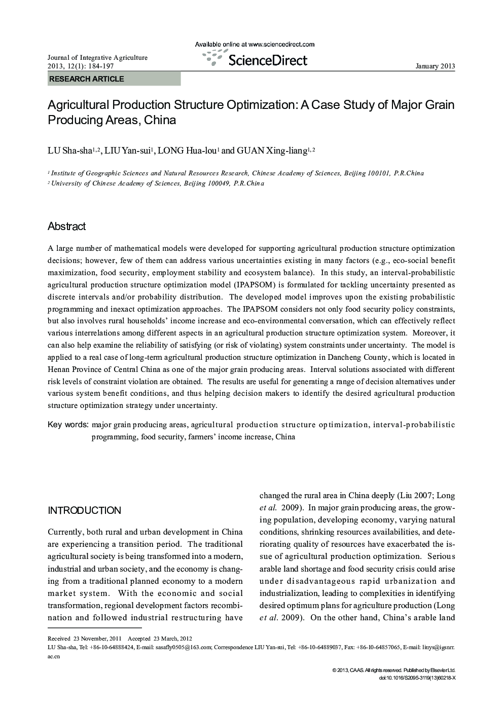 Agricultural Production Structure Optimization: A Case Study of Major Grain Producing Areas, China