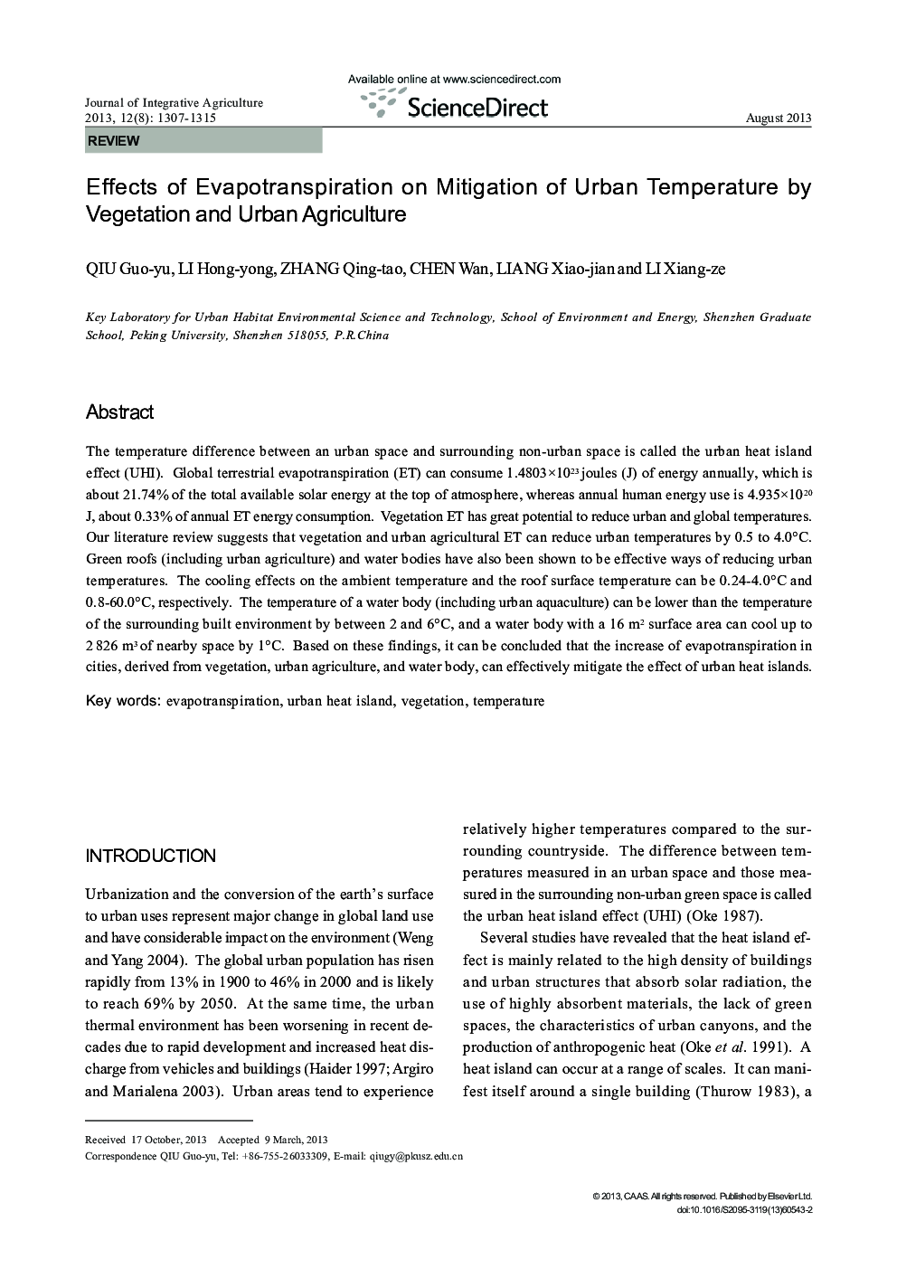 Effects of Evapotranspiration on Mitigation of Urban Temperature by Vegetation and Urban Agriculture