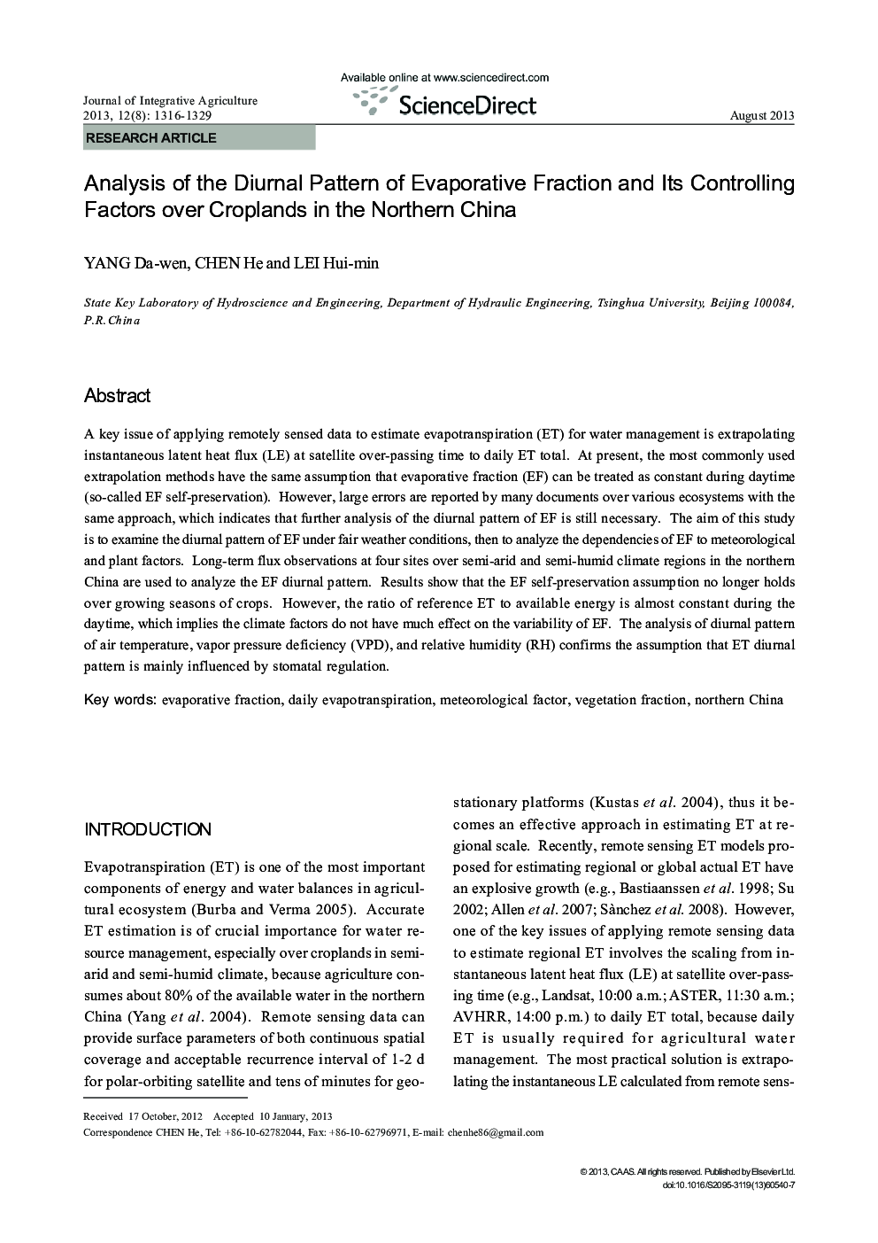 Analysis of the Diurnal Pattern of Evaporative Fraction and Its Controlling Factors over Croplands in the Northern China