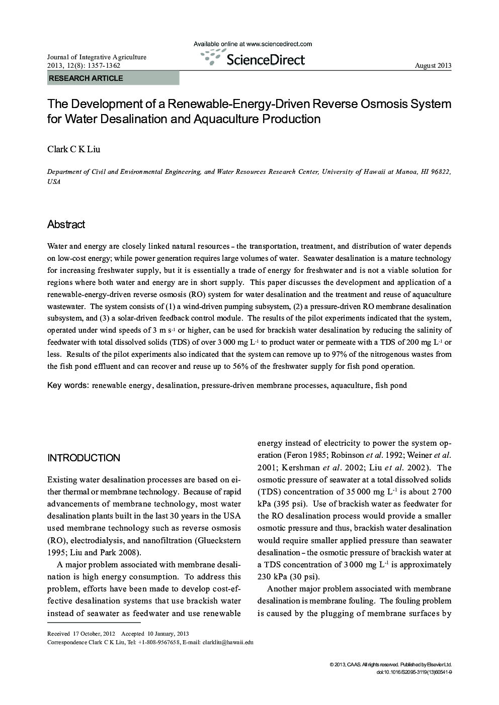 The Development of a Renewable-Energy-Driven Reverse Osmosis System for Water Desalination and Aquaculture Production