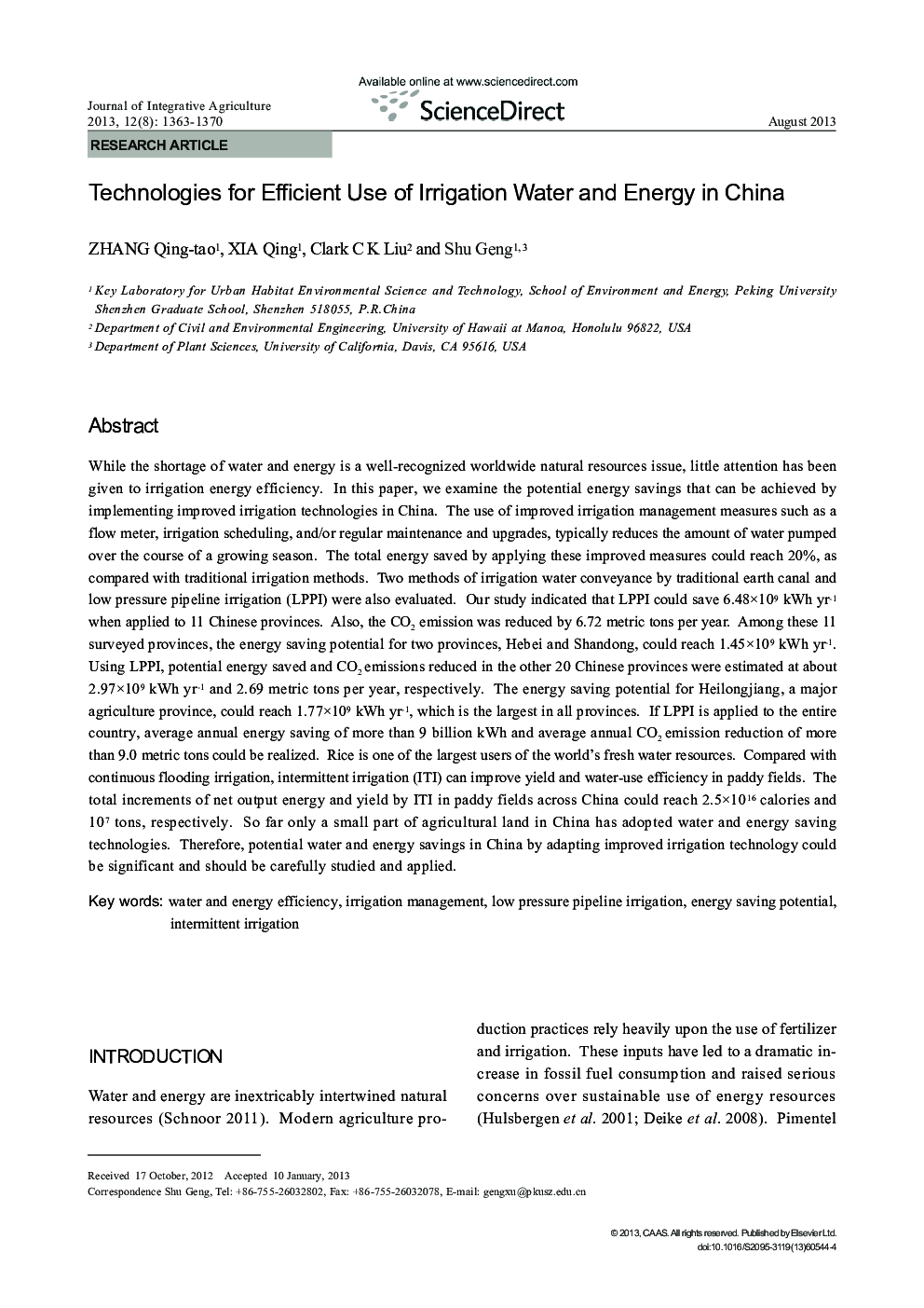 Technologies for Efficient Use of Irrigation Water and Energy in China