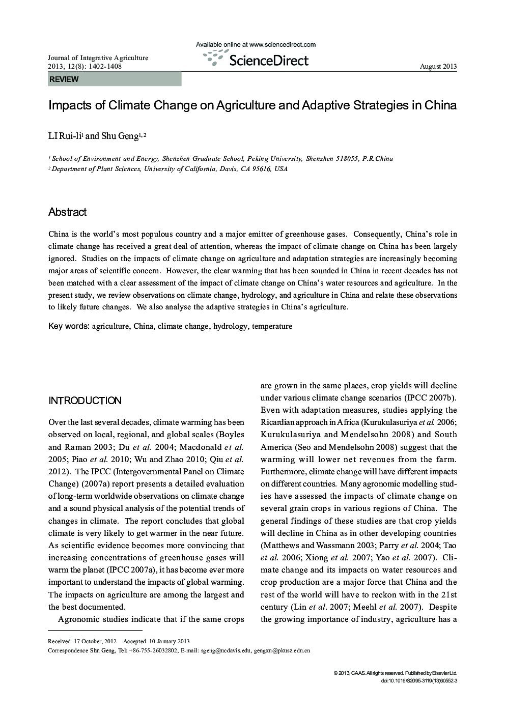Impacts of Climate Change on Agriculture and Adaptive Strategies in China