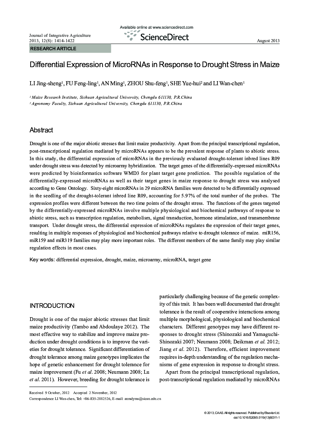Differential Expression of MicroRNAs in Response to Drought Stress in Maize