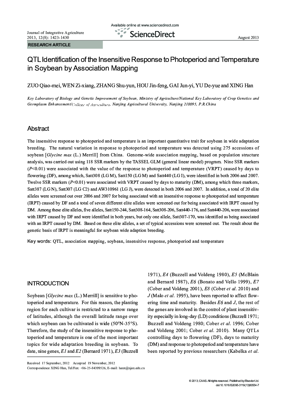 QTL Identification of the Insensitive Response to Photoperiod and Temperature in Soybean by Association Mapping