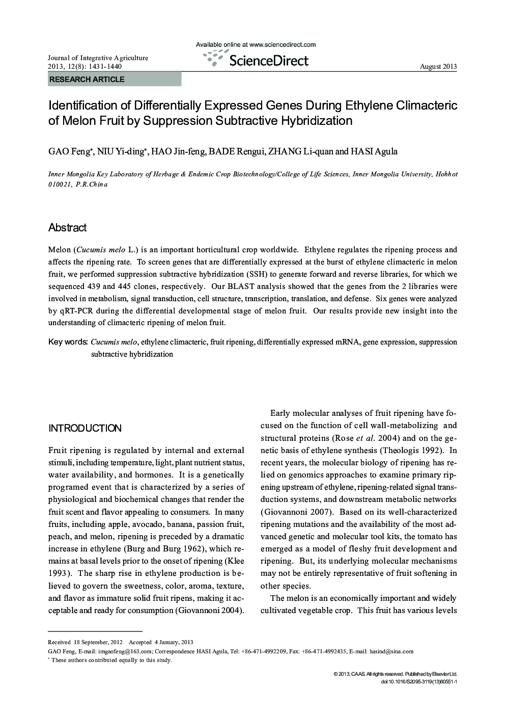 Identification of Differentially Expressed Genes During Ethylene Climacteric of Melon Fruit by Suppression Subtractive Hybridization