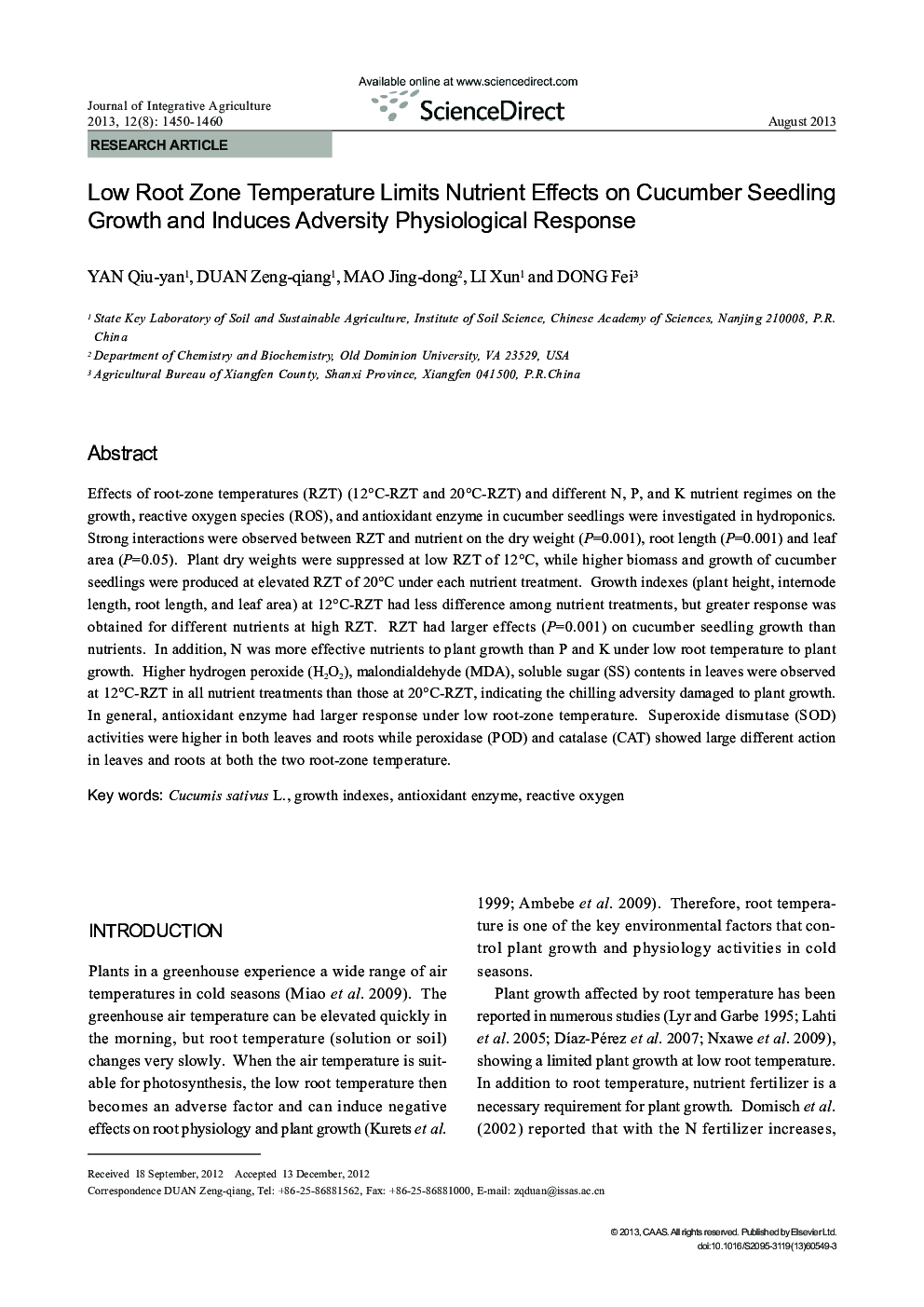 Low Root Zone Temperature Limits Nutrient Effects on Cucumber Seedling Growth and Induces Adversity Physiological Response