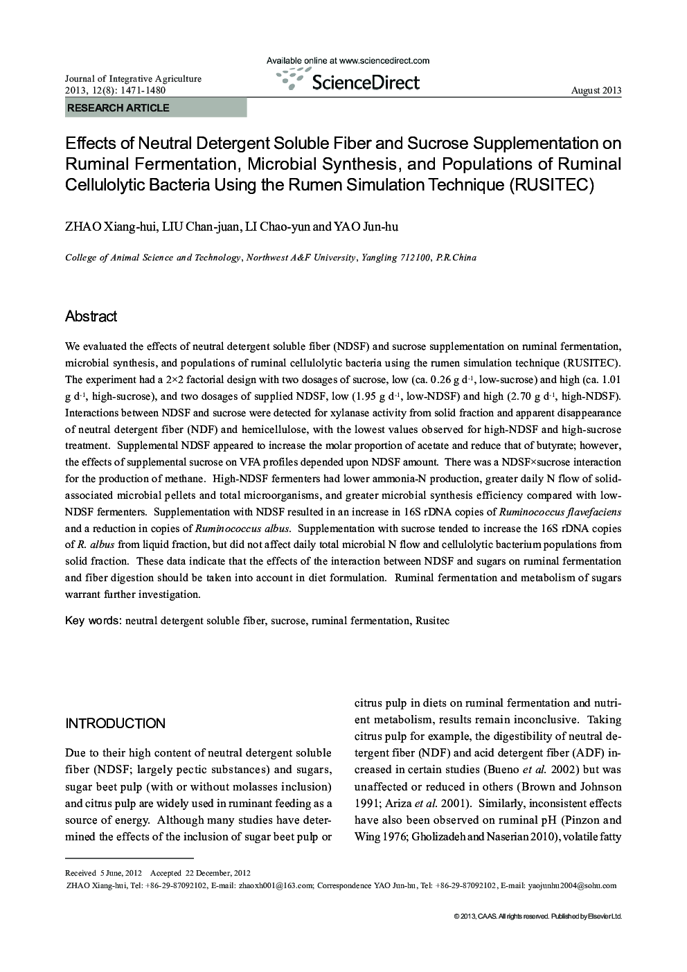 Effects of Neutral Detergent Soluble Fiber and Sucrose Supplementation on Ruminal Fermentation, Microbial Synthesis, and Populations of Ruminal Cellulolytic Bacteria Using the Rumen Simulation Technique (RUSITEC)