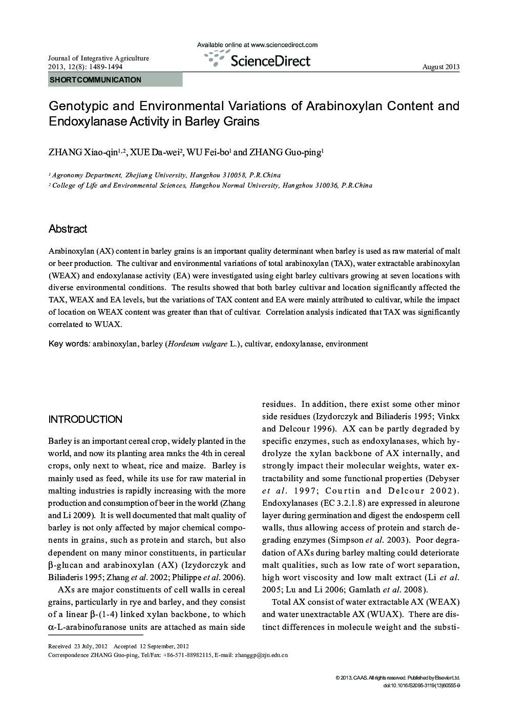 Genotypic and Environmental Variations of Arabinoxylan Content and Endoxylanase Activity in Barley Grains