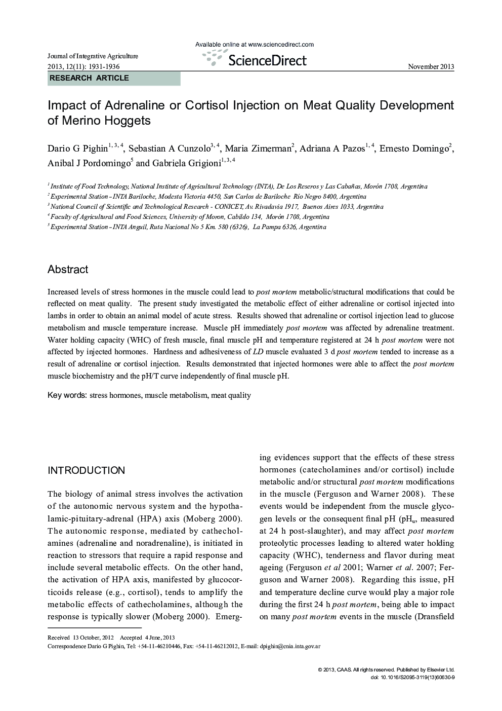 Impact of Adrenaline or Cortisol Injection on Meat Quality Development of Merino Hoggets