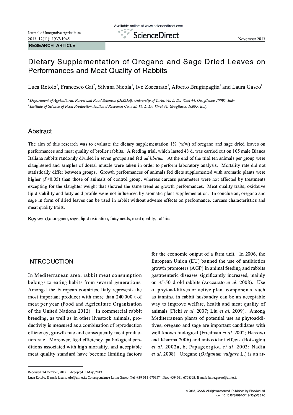 Dietary Supplementation of Oregano and Sage Dried Leaves on Performances and Meat Quality of Rabbits