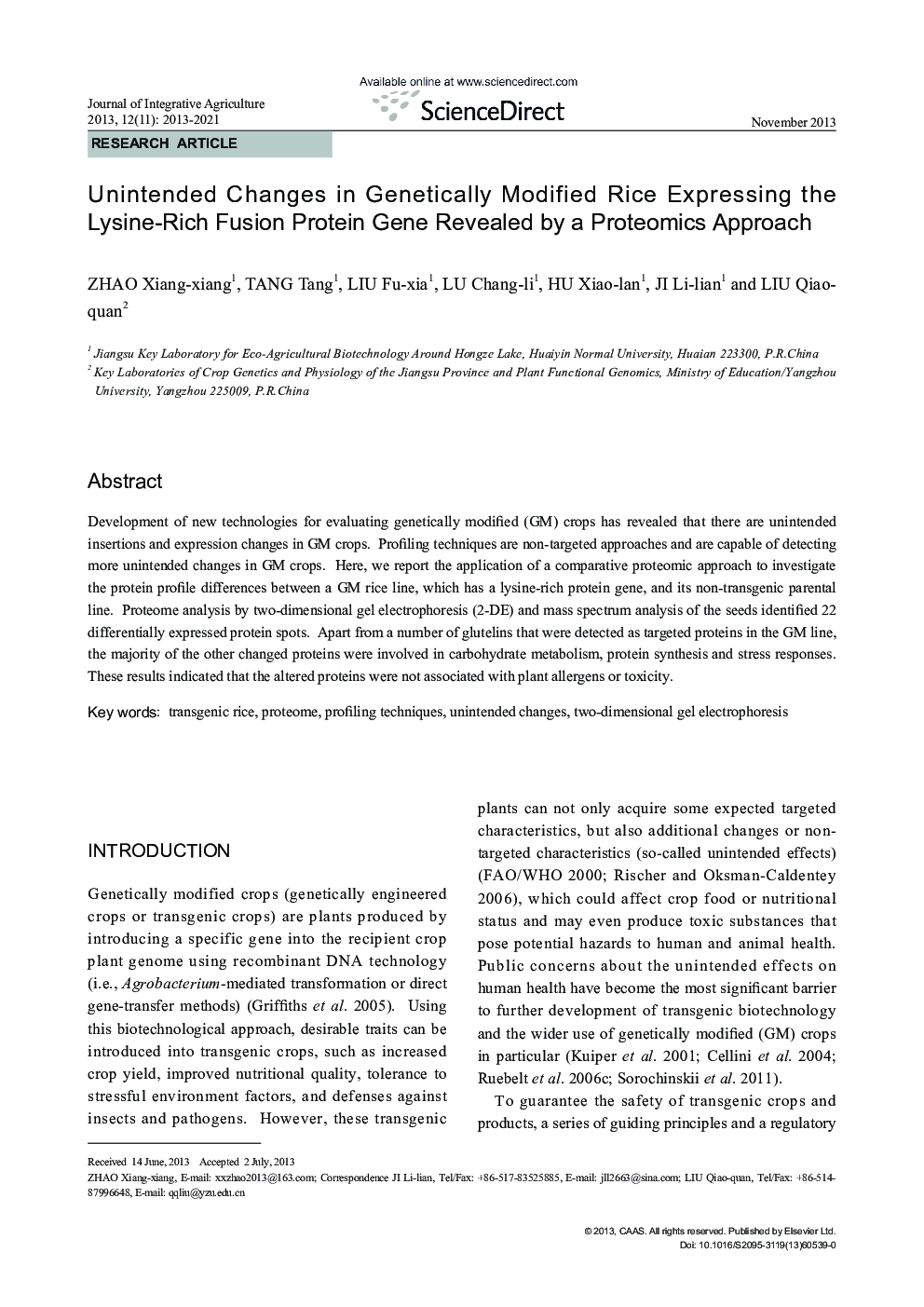 Unintended Changes in Genetically Modified Rice Expressing the Lysine-Rich Fusion Protein Gene Revealed by a Proteomics Approach