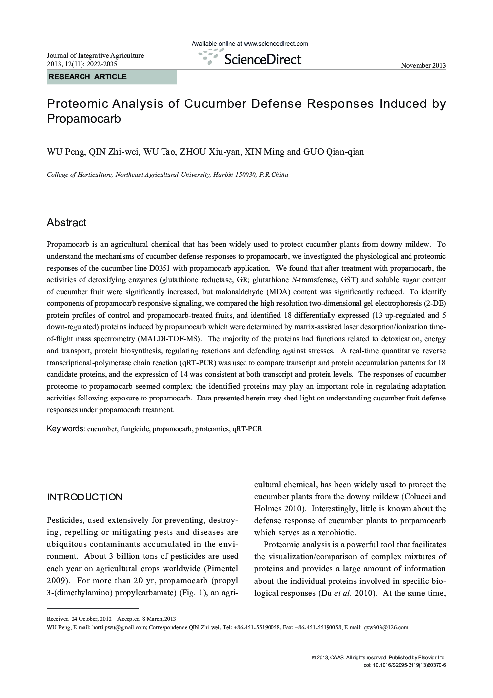 Proteomic Analysis of Cucumber Defense Responses Induced by Propamocarb