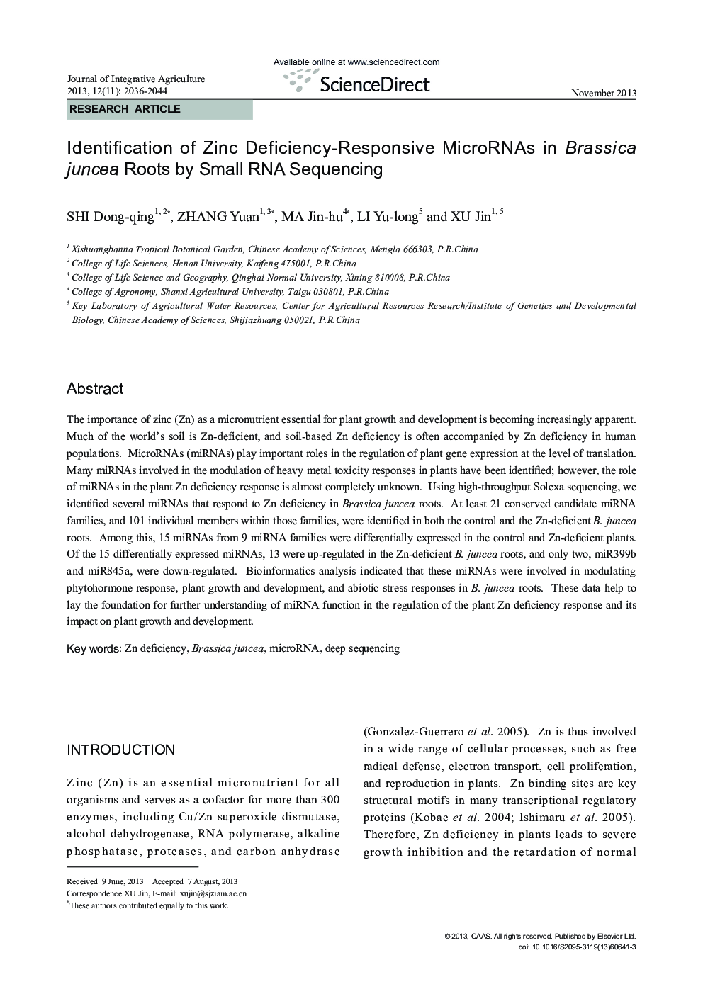 Identification of Zinc Deficiency-Responsive MicroRNAs in Brassica juncea Roots by Small RNA Sequencing