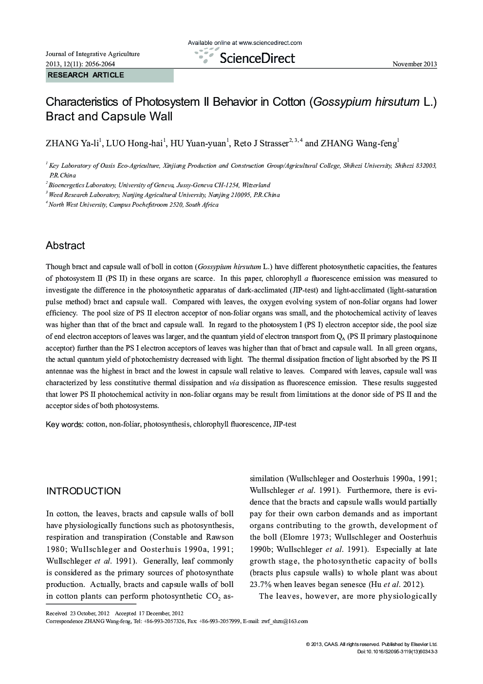 Characteristics of Photosystem II Behavior in Cotton (Gossypium hirsutum L.) Bract and Capsule Wall