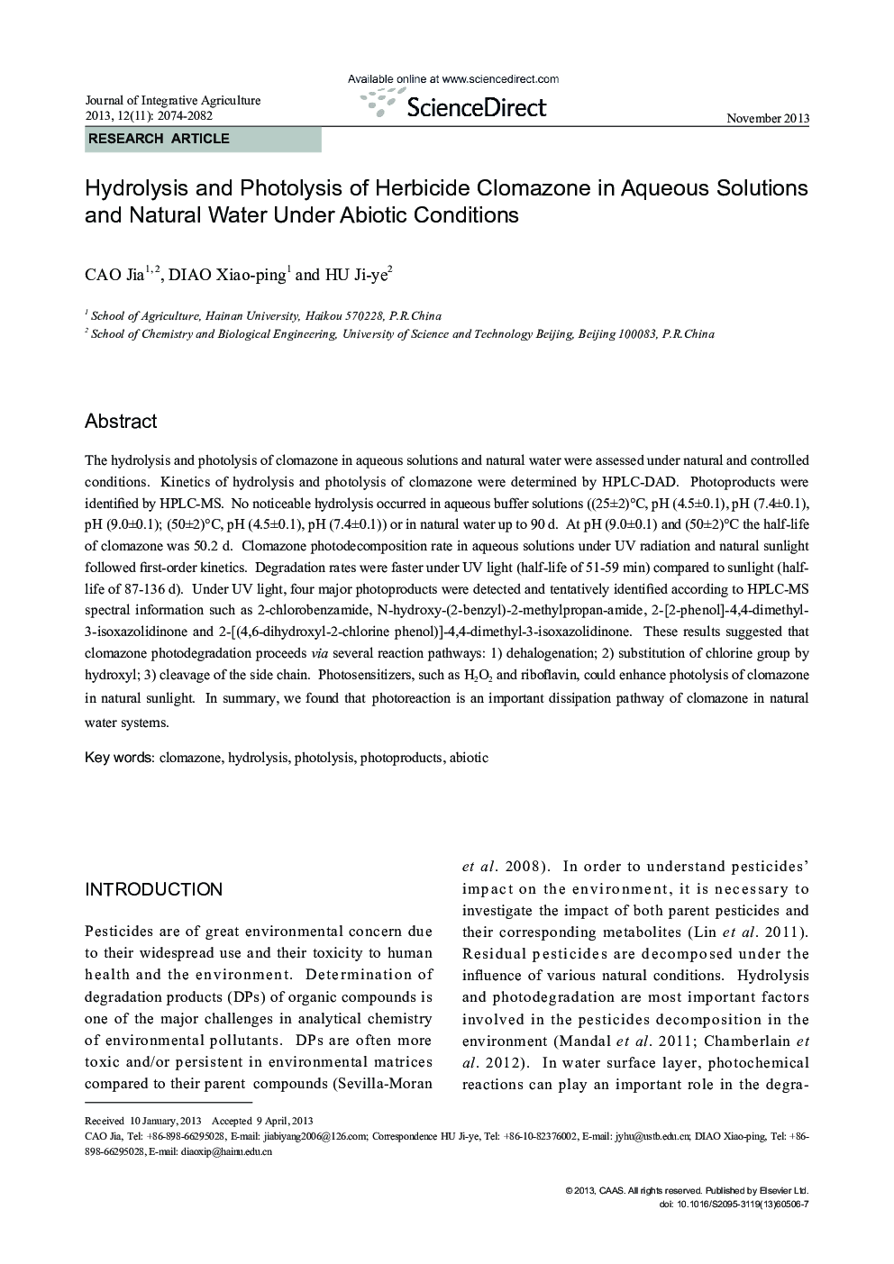 Hydrolysis and Photolysis of Herbicide Clomazone in Aqueous Solutions and Natural Water Under Abiotic Conditions