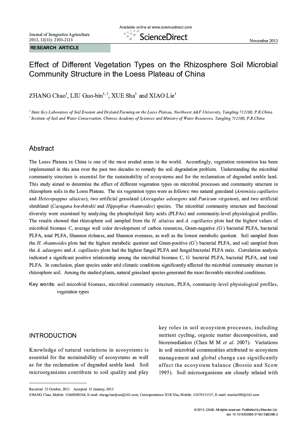 Effect of Different Vegetation Types on the Rhizosphere Soil Microbial Community Structure in the Loess Plateau of China