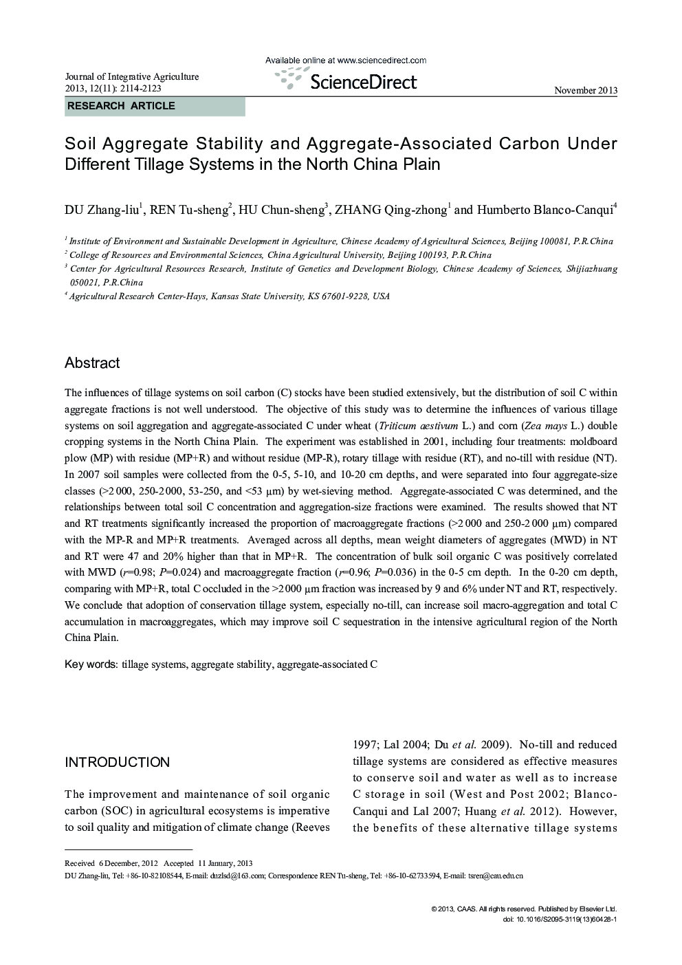 Soil Aggregate Stability and Aggregate-Associated Carbon Under Different Tillage Systems in the North China Plain