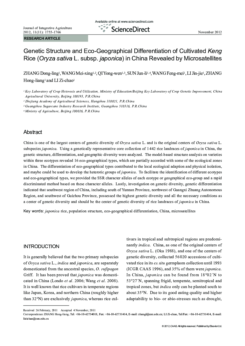 Genetic Structure and Eco-Geographical Differentiation of Cultivated Keng Rice (Oryza sativa L. subsp. japonica) in China Revealed by Microsatellites