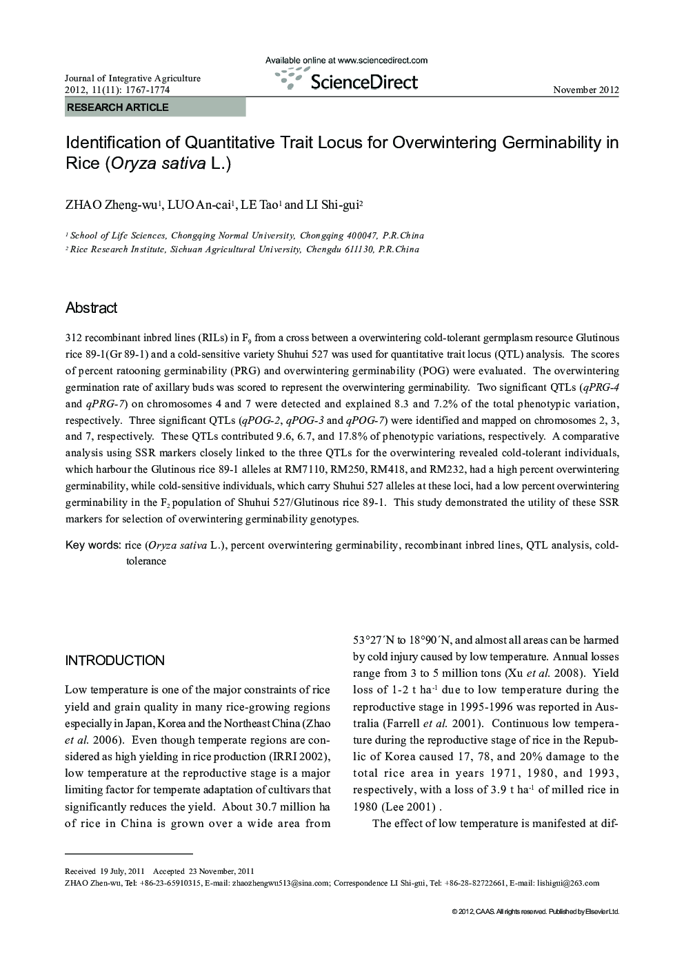 Identification of Quantitative Trait Locus for Overwintering Germinability in Rice (Oryza sativa L.)