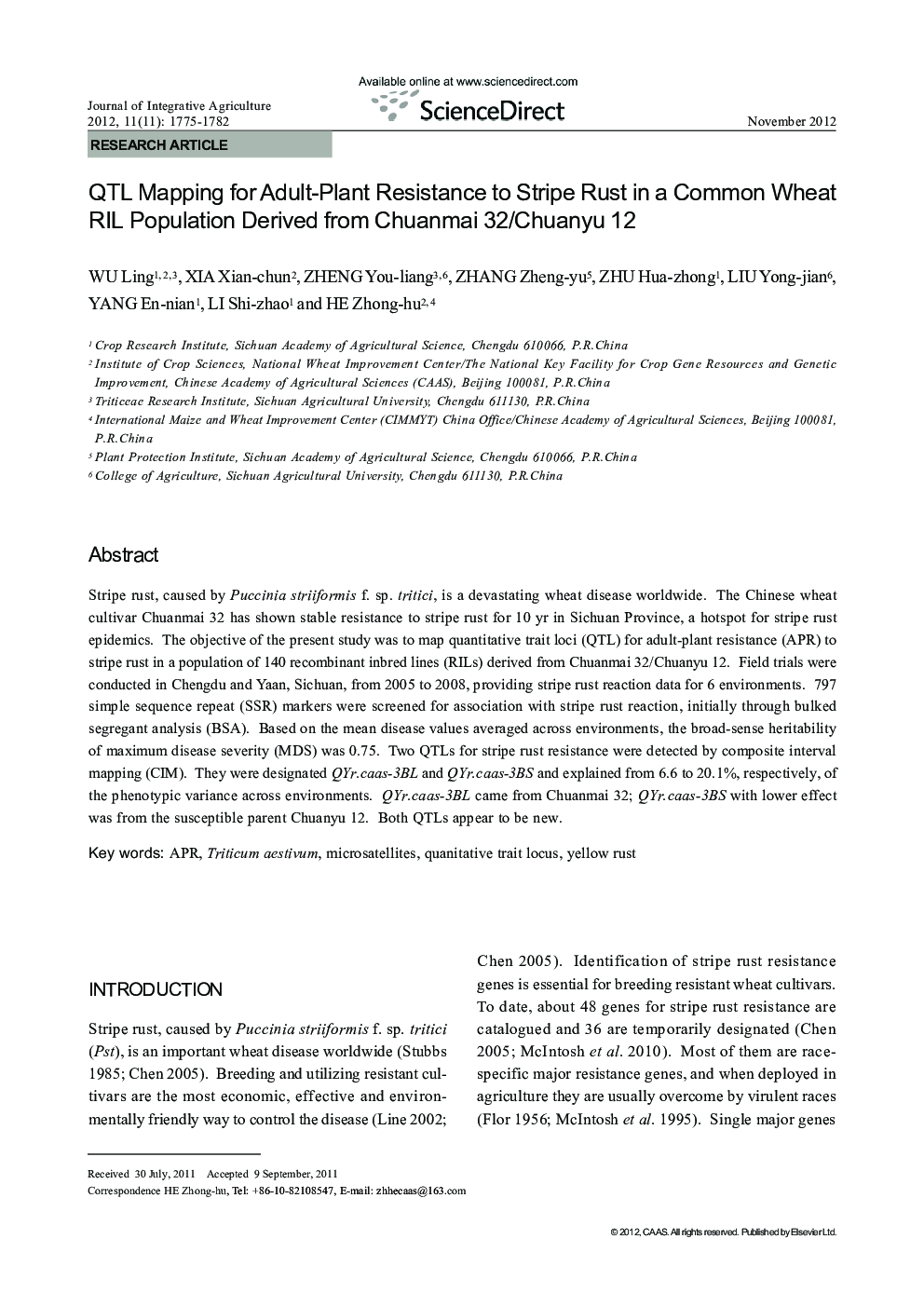 QTL Mapping for Adult-Plant Resistance to Stripe Rust in a Common Wheat RIL Population Derived from Chuanmai 32/Chuanyu 12