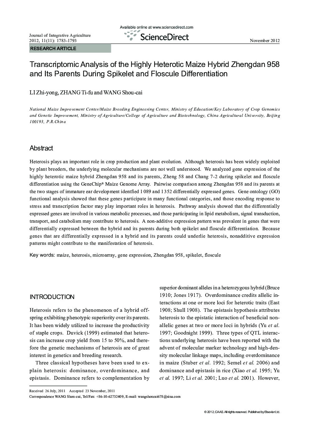 Transcriptomic Analysis of the Highly Heterotic Maize Hybrid Zhengdan 958 and Its Parents During Spikelet and Floscule Differentiation