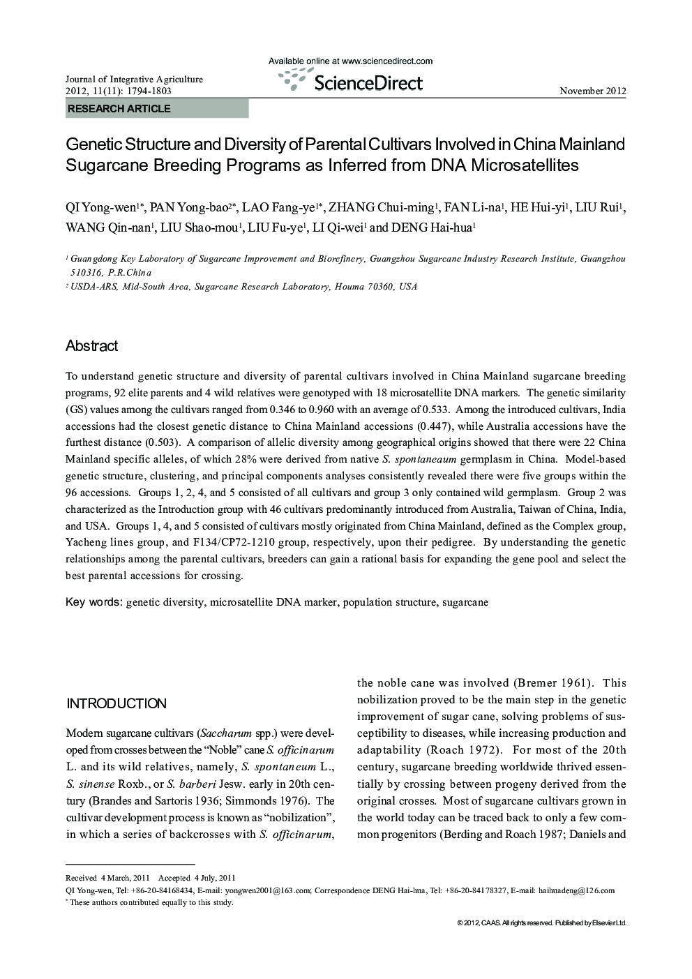 Genetic Structure and Diversity of Parental Cultivars Involved in China Mainland Sugarcane Breeding Programs as Inferred from DNA Microsatellites