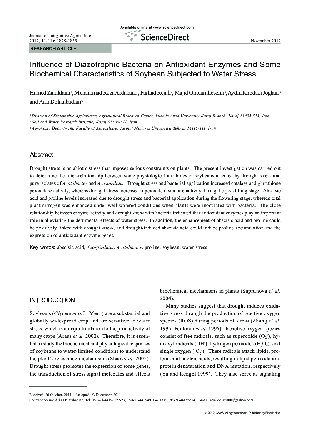 Influence of Diazotrophic Bacteria on Antioxidant Enzymes and Some Biochemical Characteristics of Soybean Subjected to Water Stress