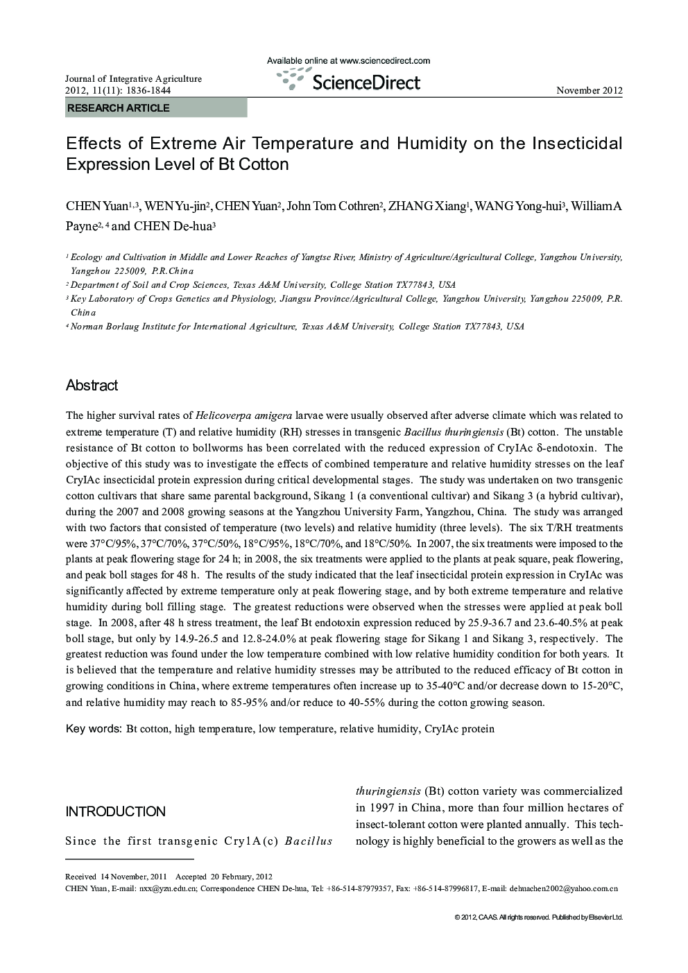 Effects of Extreme Air Temperature and Humidity on the Insecticidal Expression Level of Bt Cotton