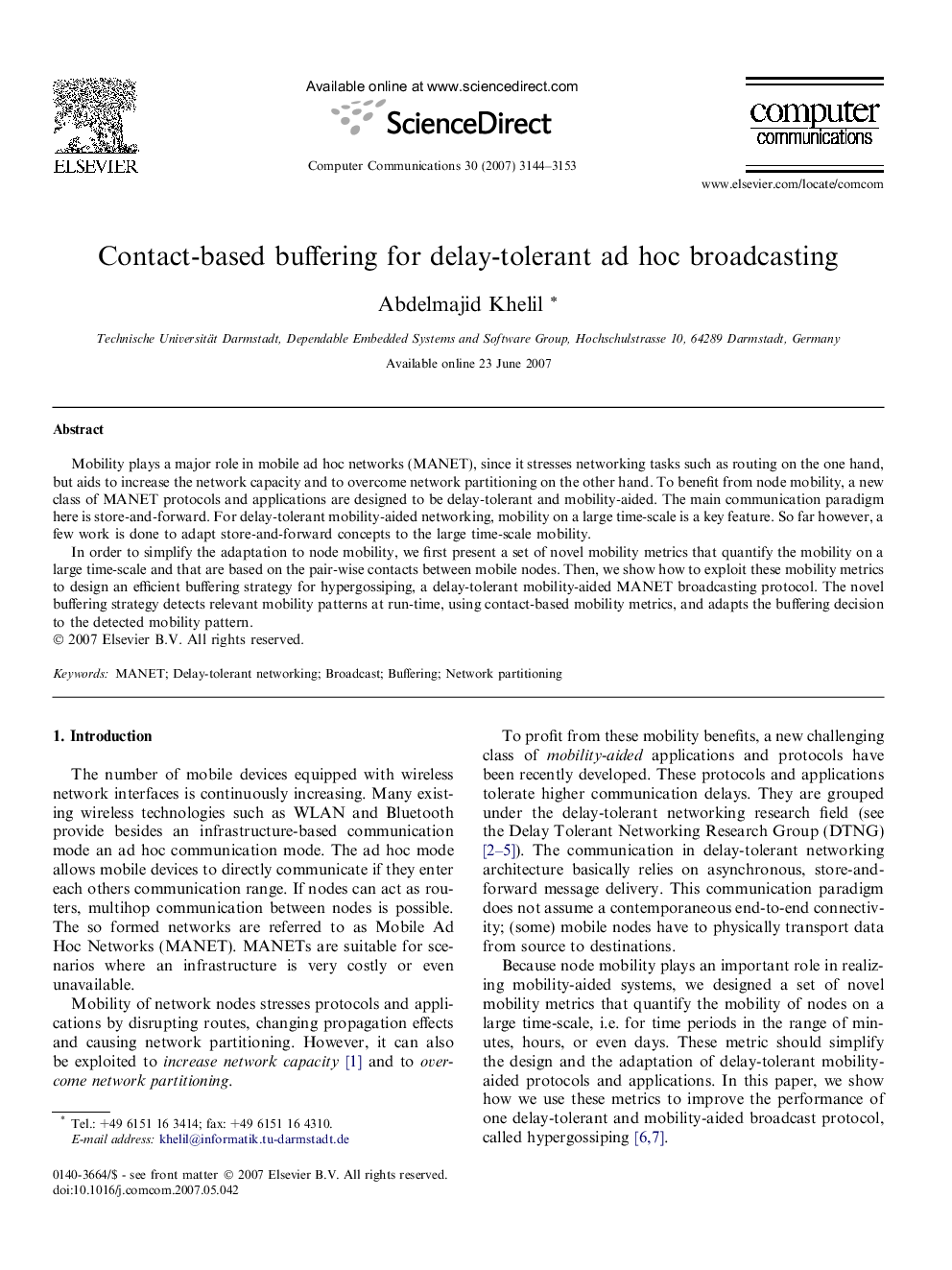 Contact-based buffering for delay-tolerant ad hoc broadcasting