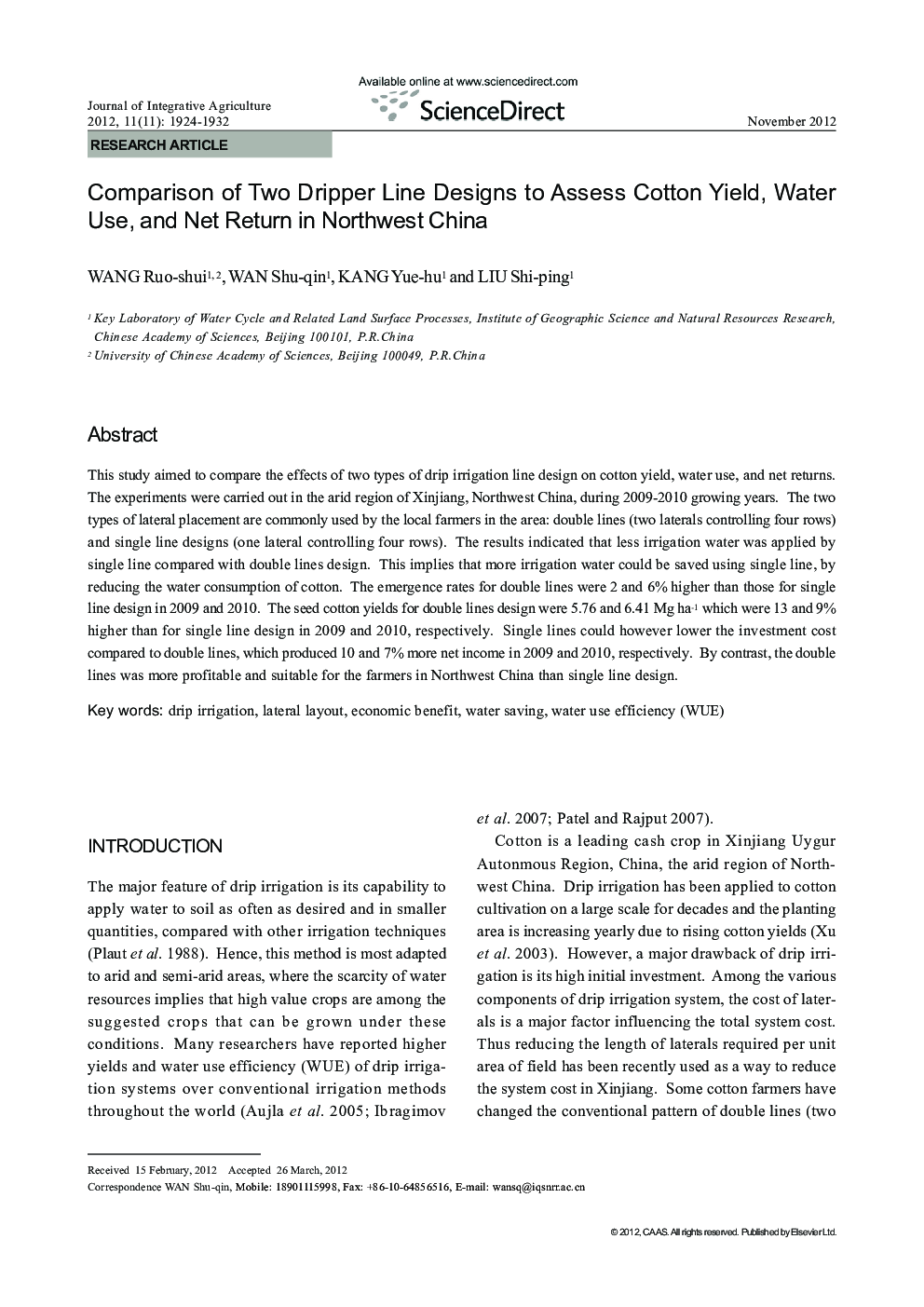 Comparison of Two Dripper Line Designs to Assess Cotton Yield, Water Use, and Net Return in Northwest China