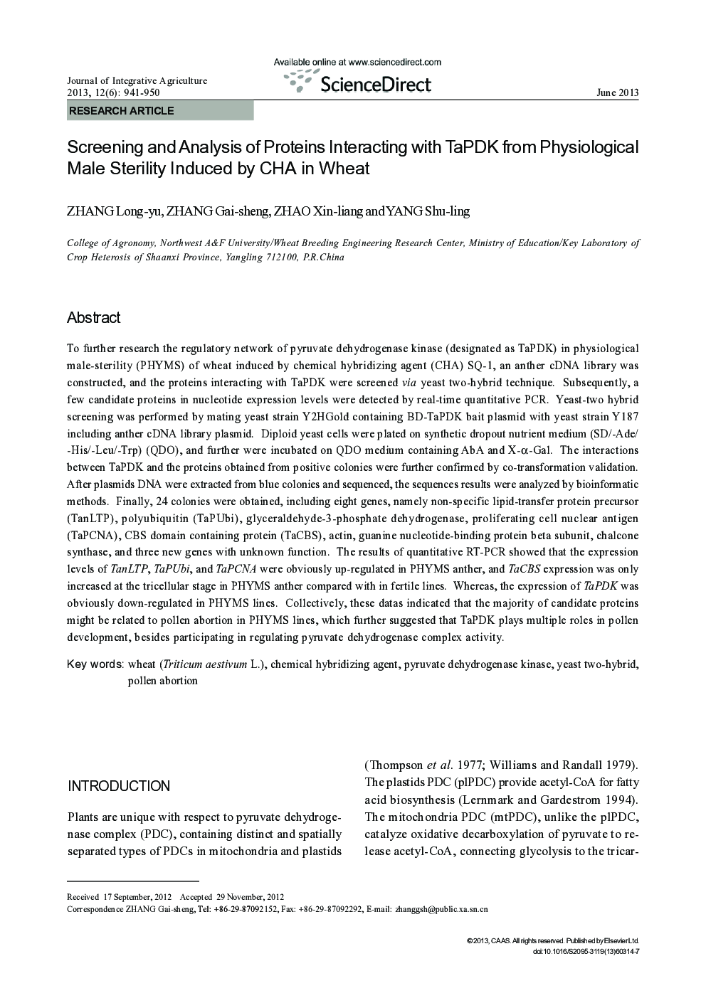 Screening and Analysis of Proteins Interacting with TaPDK from Physiological Male Sterility Induced by CHA in Wheat
