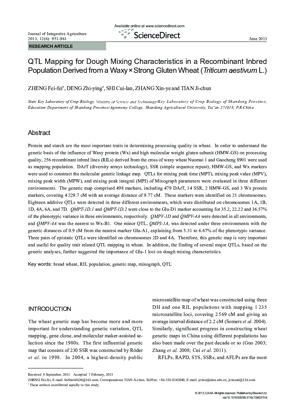 QTL Mapping for Dough Mixing Characteristics in a Recombinant Inbred Population Derived from a Waxy × Strong Gluten Wheat (Triticum aestivum L.)
