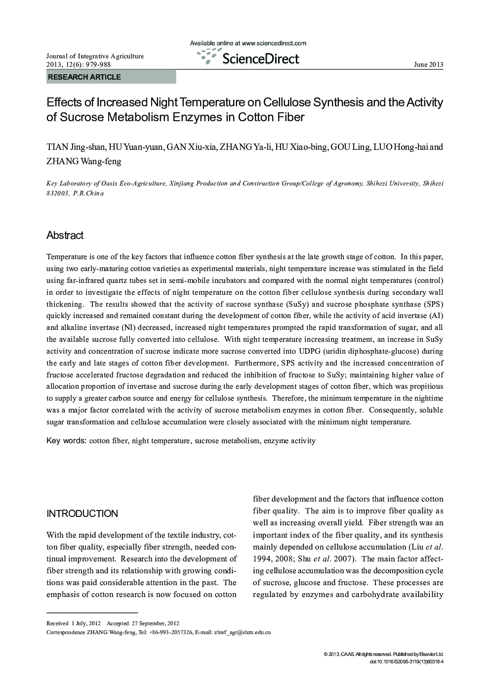 Effects of Increased Night Temperature on Cellulose Synthesis and the Activity of Sucrose Metabolism Enzymes in Cotton Fiber