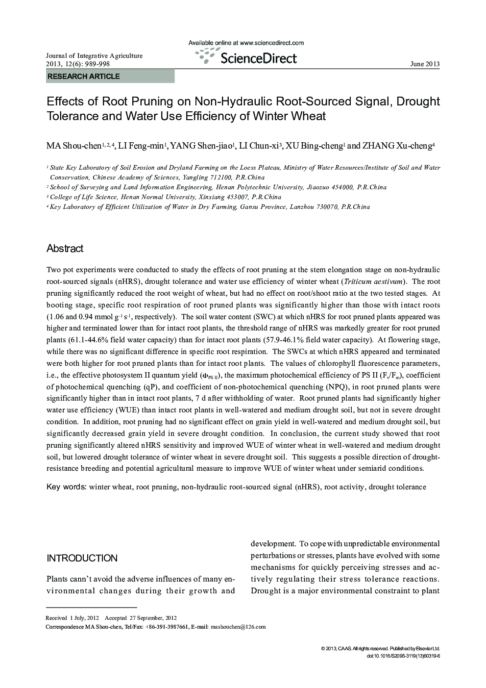 Effects of Root Pruning on Non-Hydraulic Root-Sourced Signal, Drought Tolerance and Water Use Efficiency of Winter Wheat
