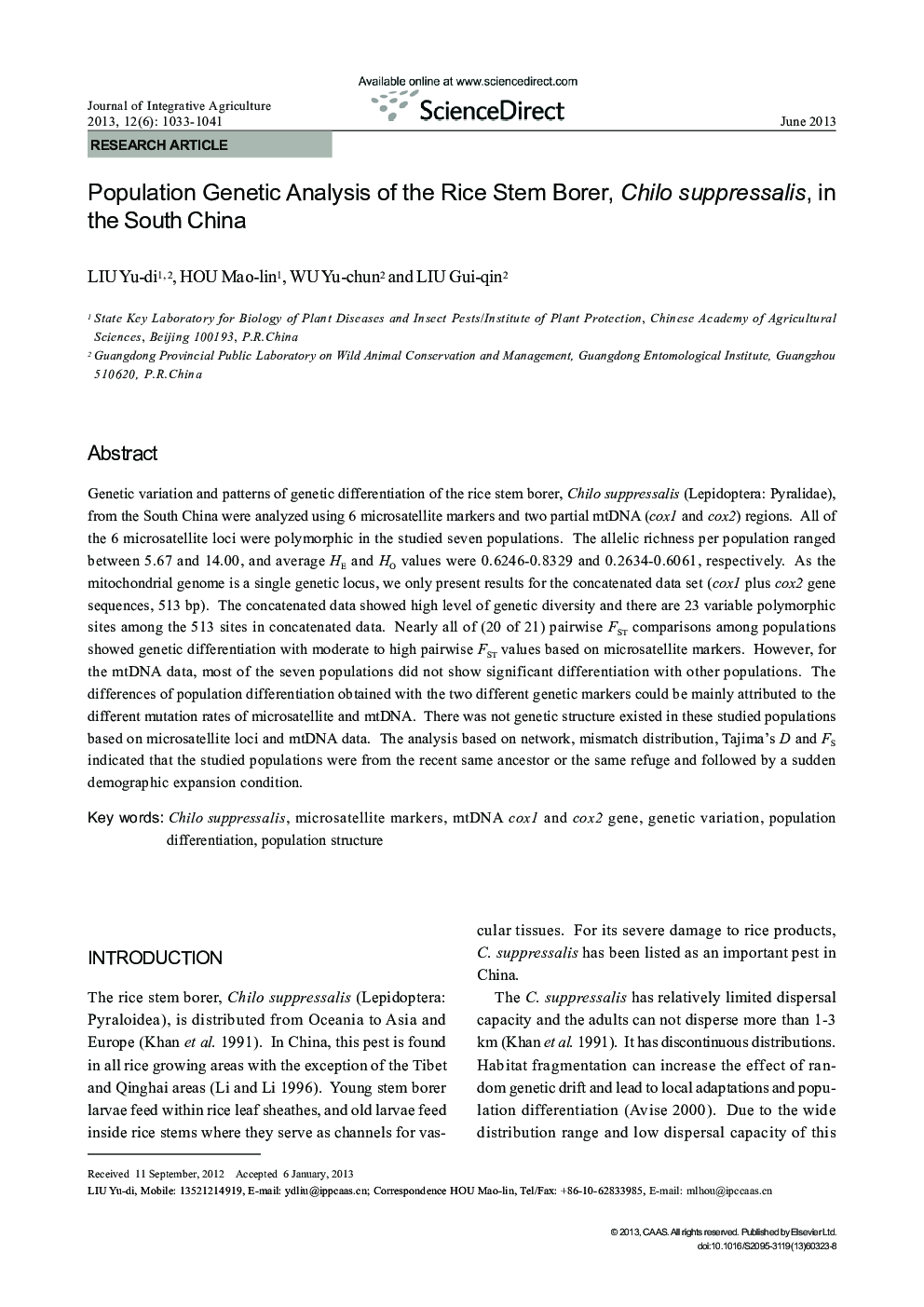 Population Genetic Analysis of the Rice Stem Borer, Chilo suppressalis, in the South China