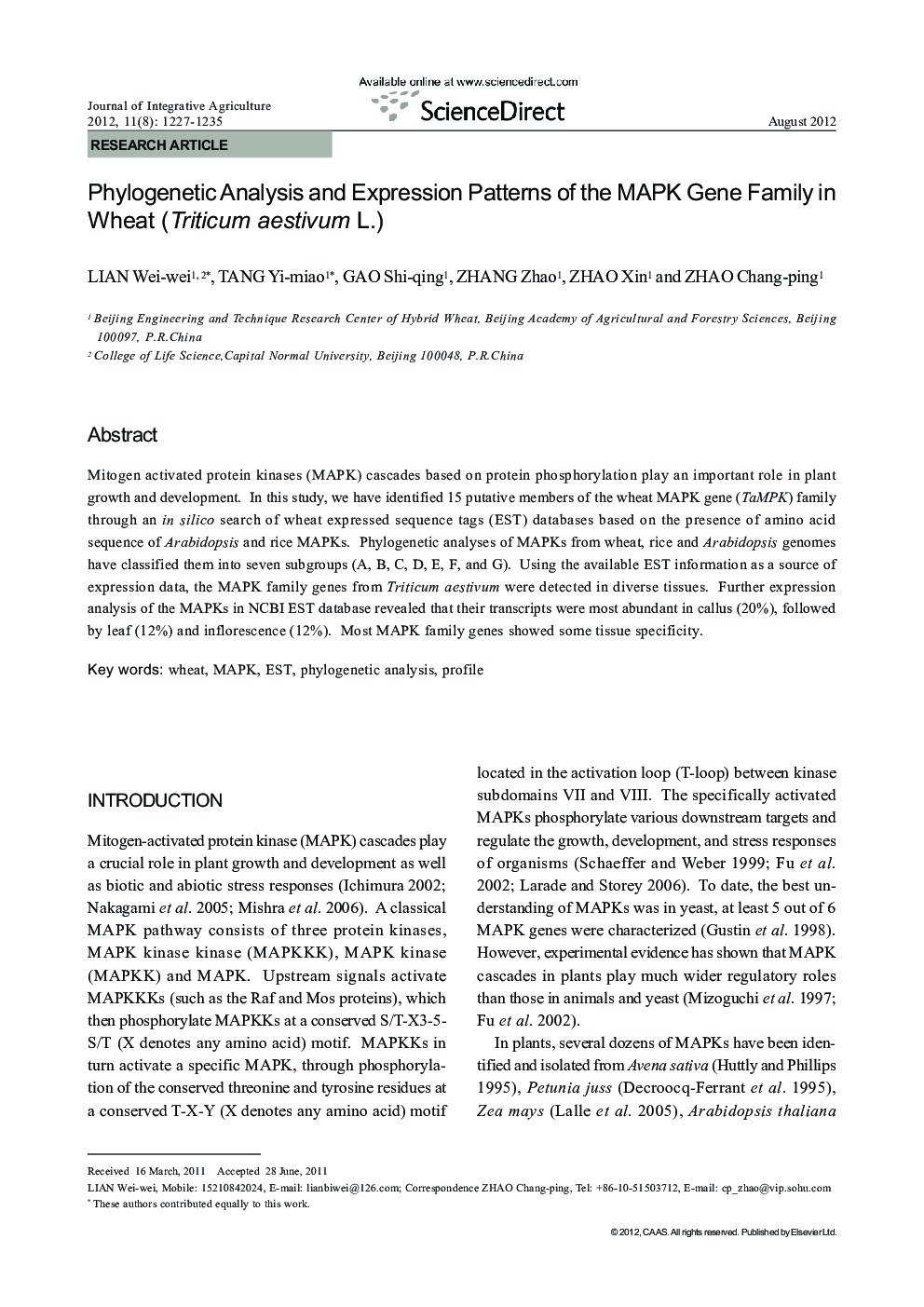 Phylogenetic Analysis and Expression Patterns of the MAPK Gene Family in Wheat (Triticum aestivum L.)