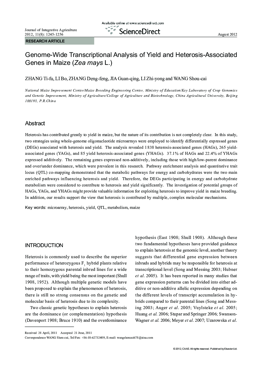 Genome-Wide Transcriptional Analysis of Yield and Heterosis-Associated Genes in Maize (Zea mays L.)