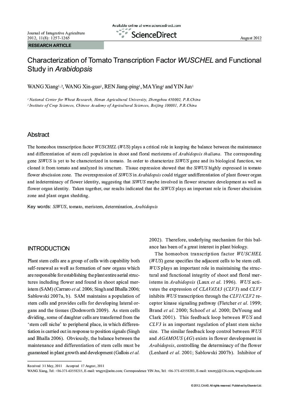 Characterization of Tomato Transcription Factor WUSCHEL and Functional Study in Arabidopsis