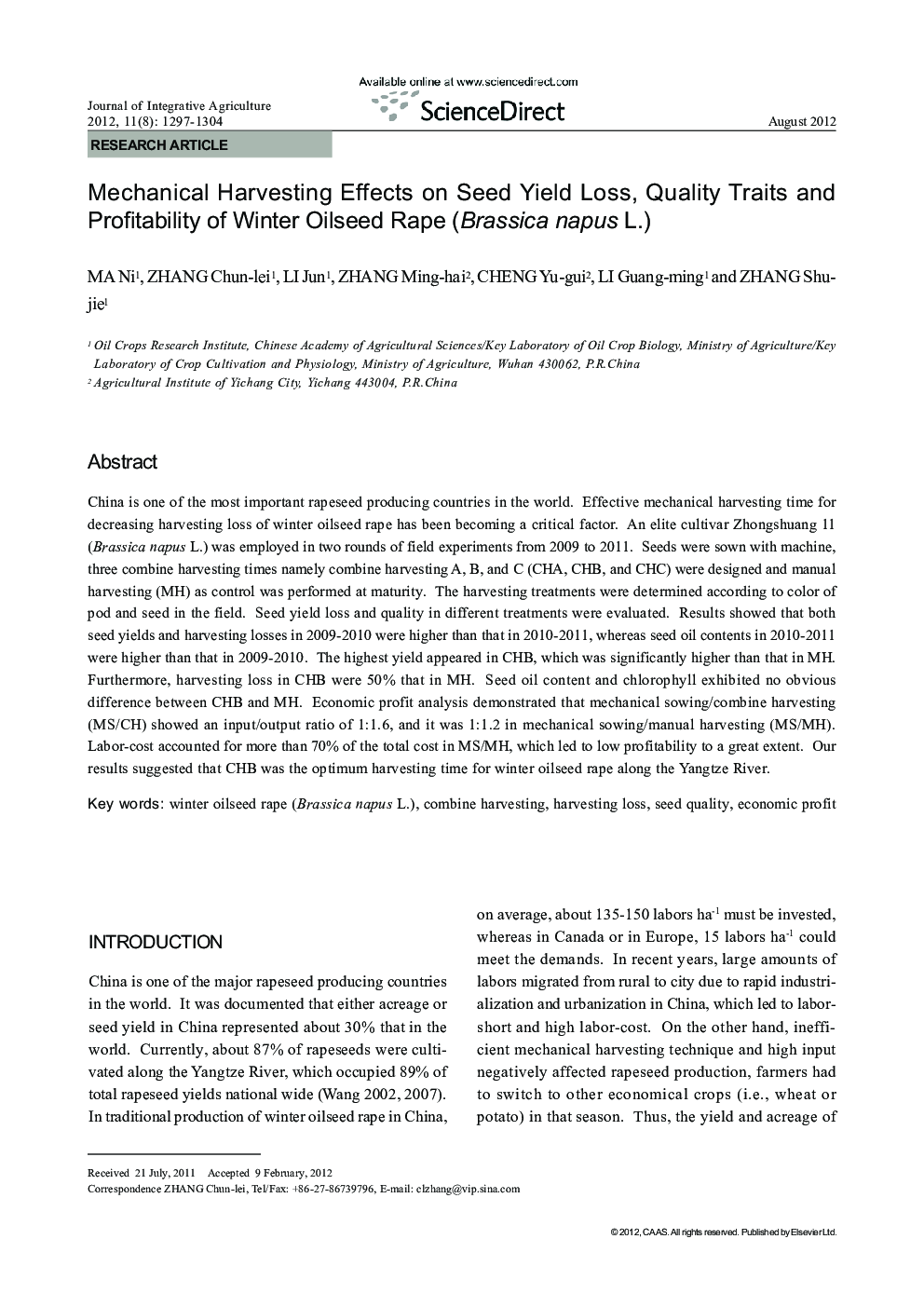 Mechanical Harvesting Effects on Seed Yield Loss, Quality Traits and Profitability of Winter Oilseed Rape (Brassica napus L.)
