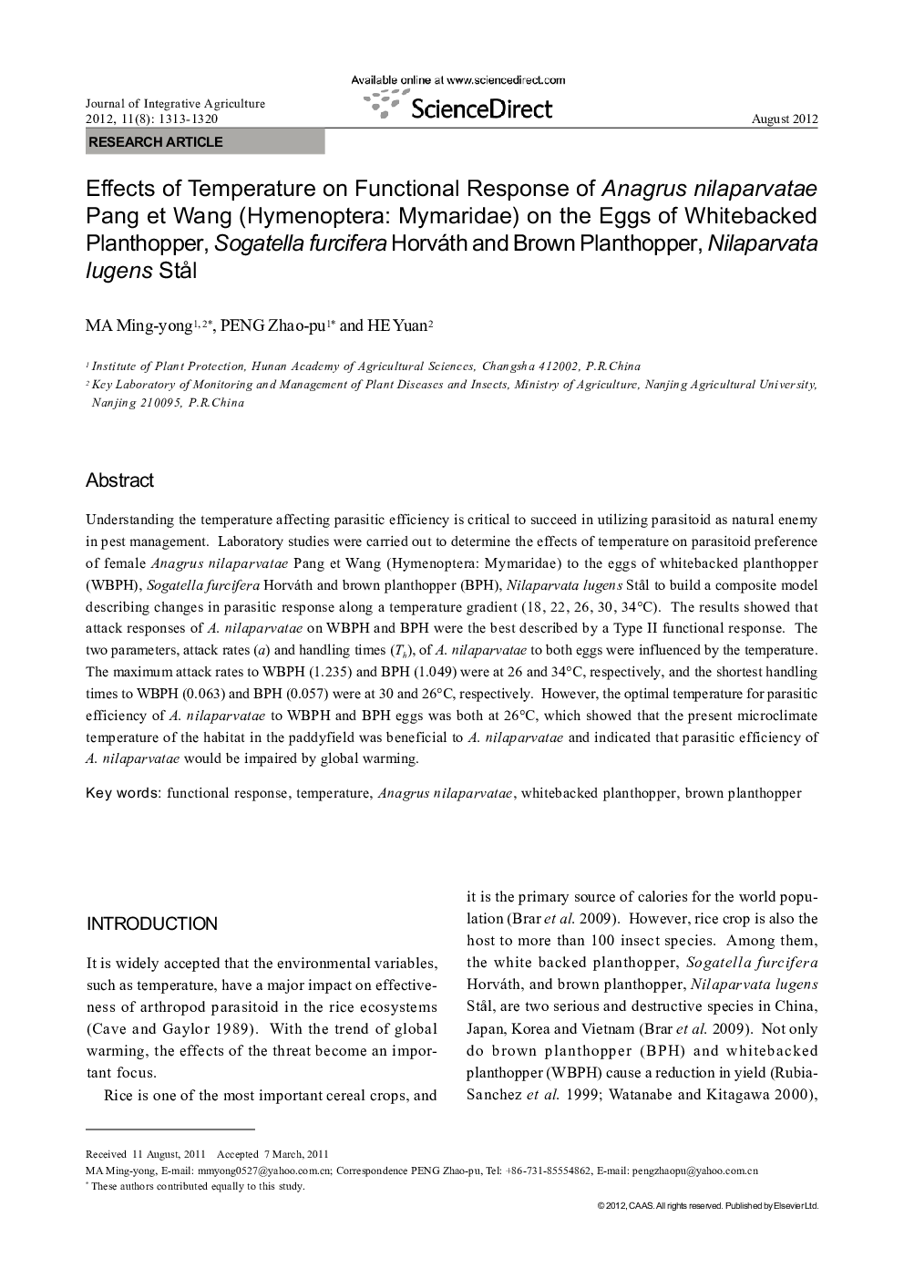 Effects of Temperature on Functional Response of Anagrus nilaparvatae Pang et Wang (Hymenoptera: Mymaridae) on the Eggs of Whitebacked Planthopper, Sogatella furcifera Horváth and Brown Planthopper, Nilaparvata lugens Stål
