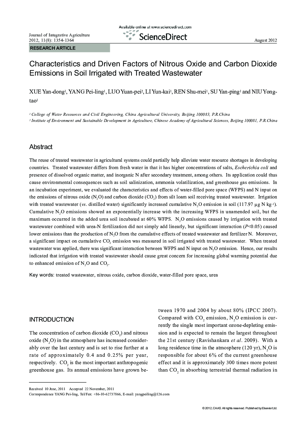 Characteristics and Driven Factors of Nitrous Oxide and Carbon Dioxide Emissions in Soil Irrigated with Treated Wastewater