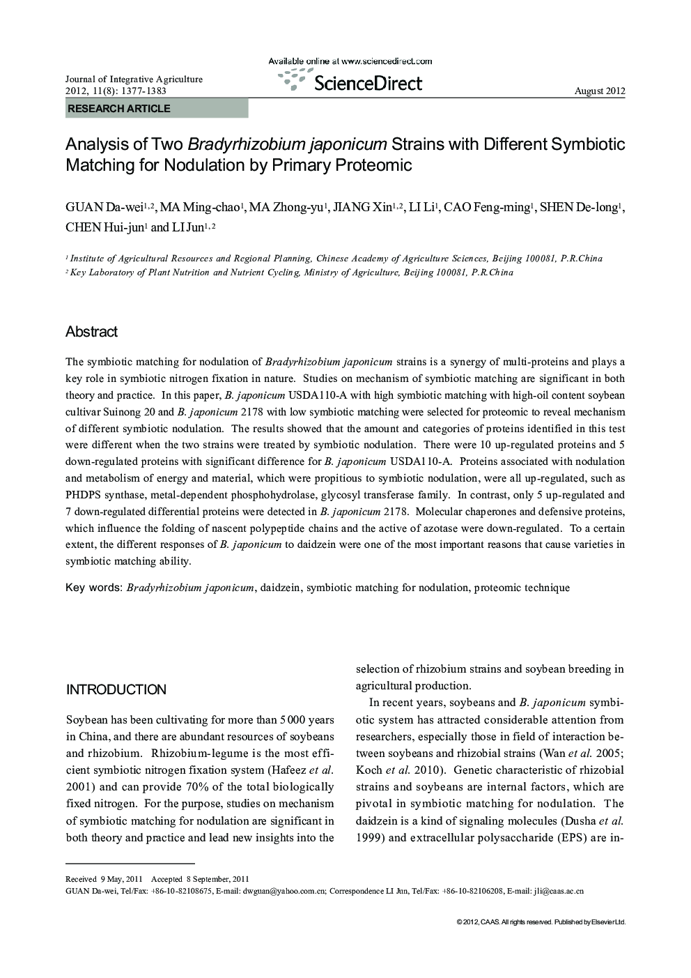 Analysis of Two Bradyrhizobium japonicum Strains with Different Symbiotic Matching for Nodulation by Primary Proteomic