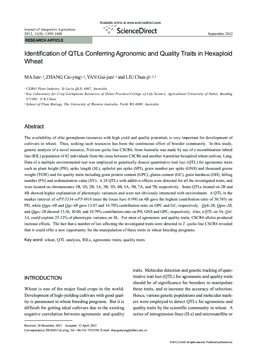 Identification of QTLs Conferring Agronomic and Quality Traits in Hexaploid Wheat