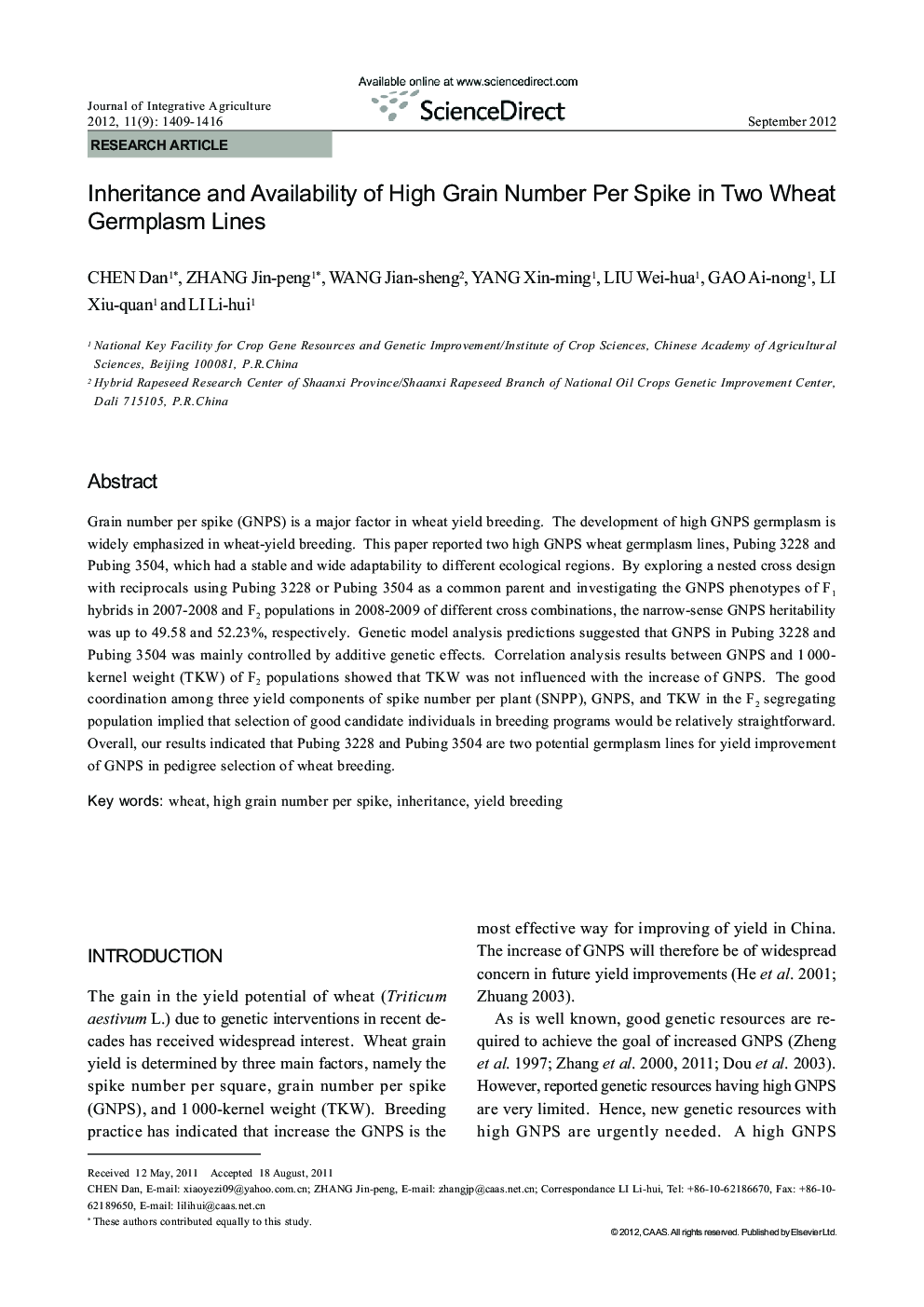 Inheritance and Availability of High Grain Number Per Spike in Two Wheat Germplasm Lines